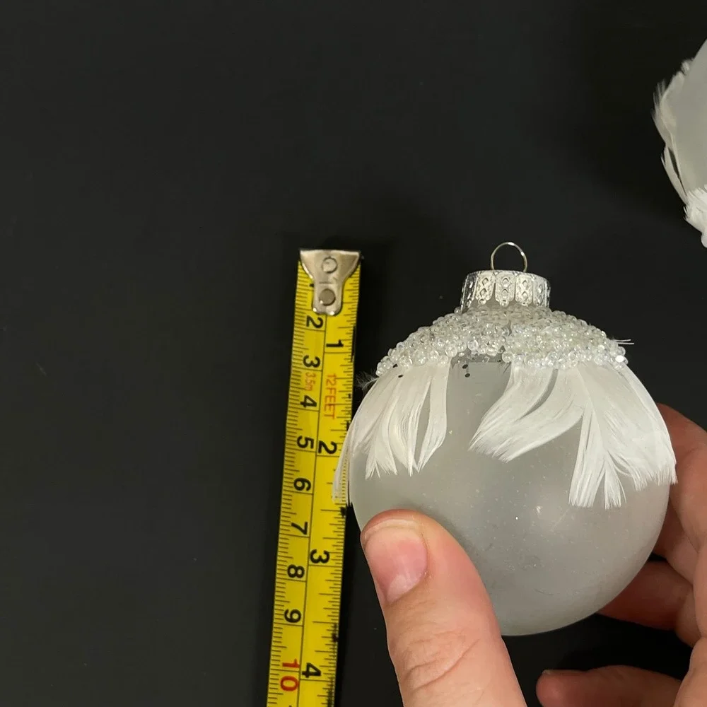 Crate & Barrel Christmas Ornaments White Frosted Glass Beaded Feather Set of 2